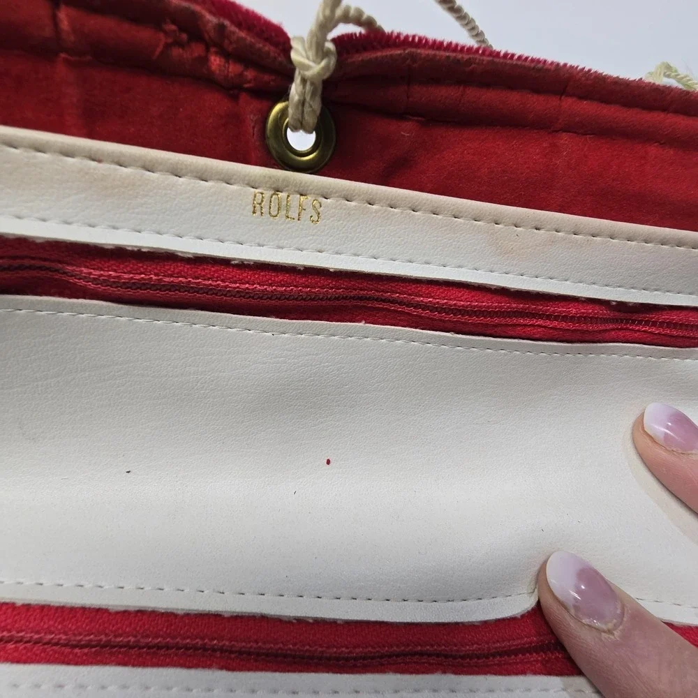 Vintage 80s Rolfs Red Velvet Leather? Womens Travel Jewelry Case Roll Up Folding